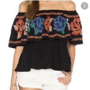 Free People To The Left off shoulder top. Cross stitched details, crochet detail